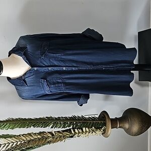 Cato Dark Chambray Snap Front Long Sleeve Blouse NWOT